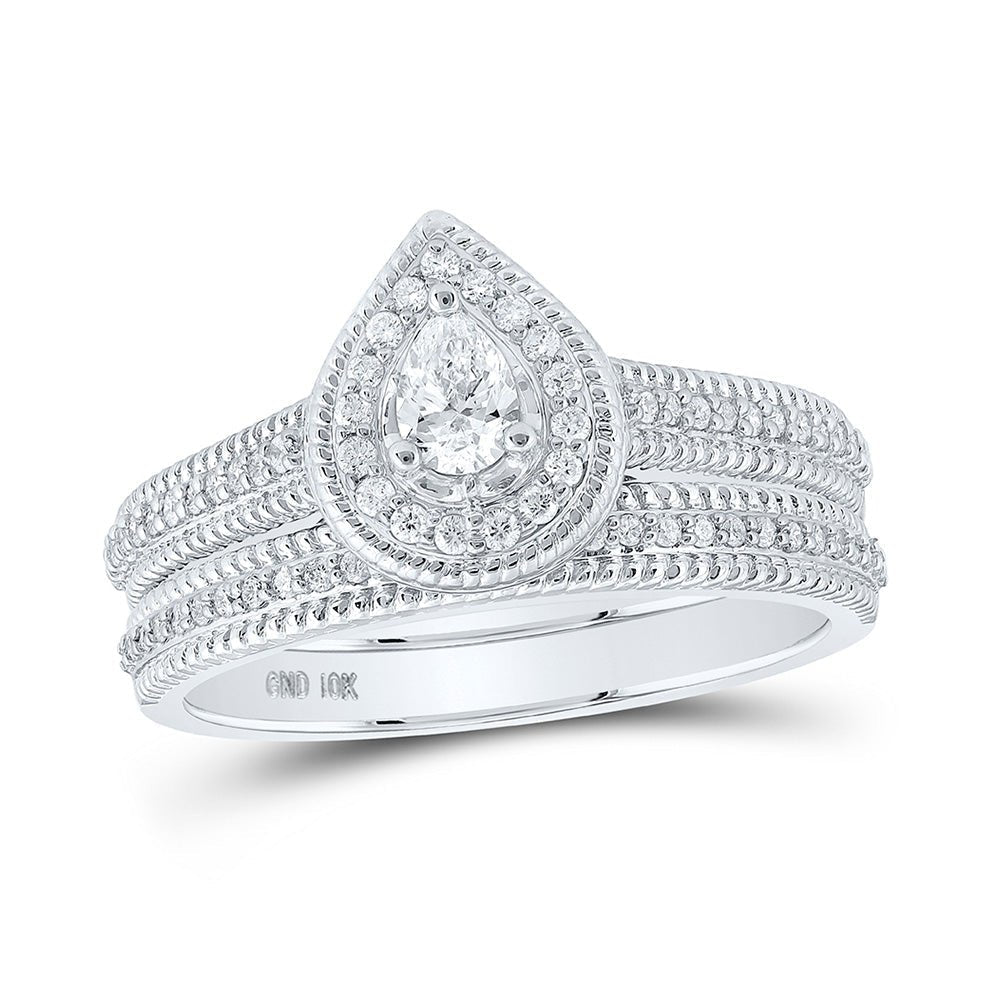 Sparkling Love: 10kt White Gold Pear Diamond Halo Bridal Wedding Ring Band Set 1/2 Cttw - Splendid Jewellery