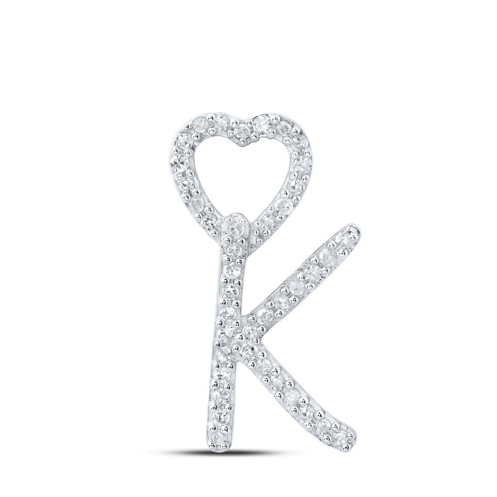 Sparkling Love Initial Pendant - 10kt White Gold Womens Round Diamond K Heart Letter Pendant 1/8 Cttw - Splendid Jewellery