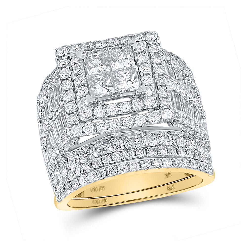 Sparkling Majesty: 10kt Yellow Gold Princess Diamond Square Bridal Wedding Ring Band Set - Splendid Jewellery
