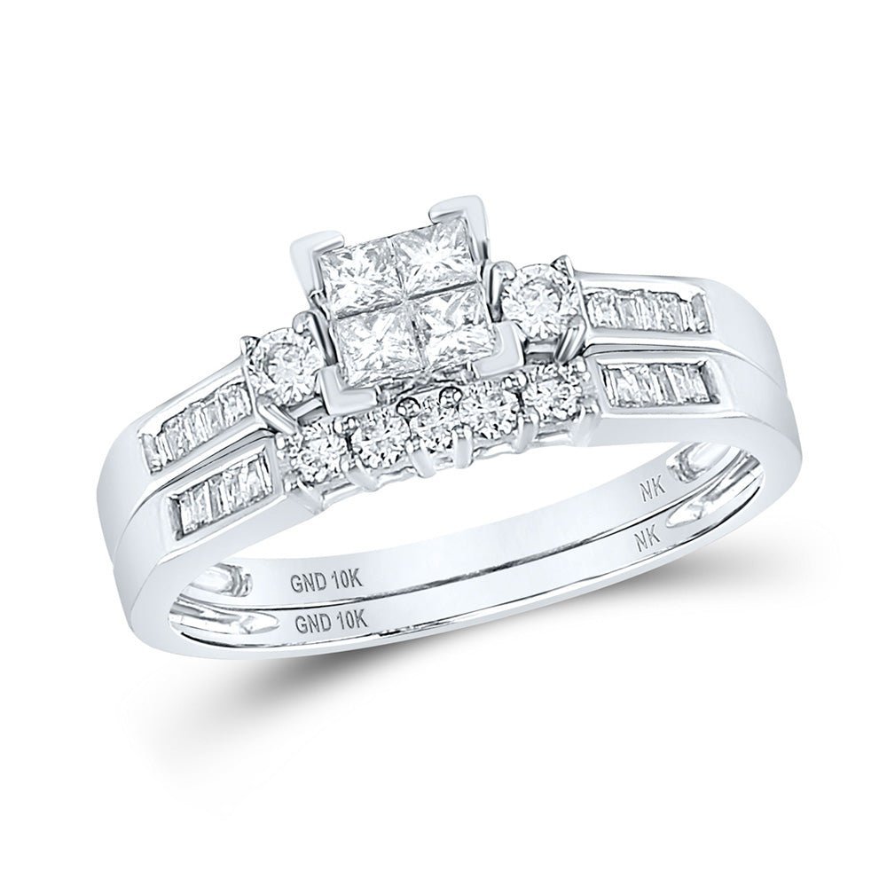 Sparkling Princess Diamond Square Bridal Wedding Ring Band Set in 10kt White Gold - Splendid Jewellery