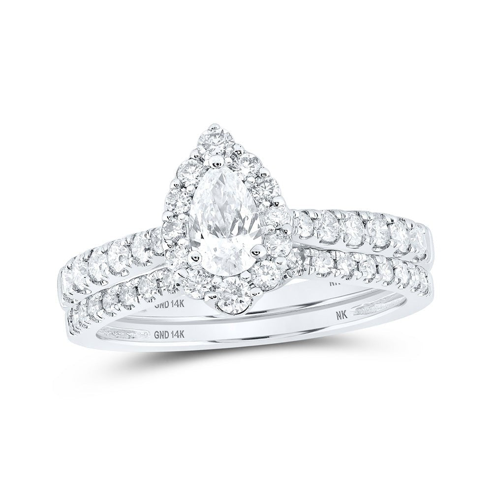 Sparkling Splendor: 14kt White Gold Pear Diamond Halo Bridal Wedding Ring Band Set 1 Cttw - Splendid Jewellery