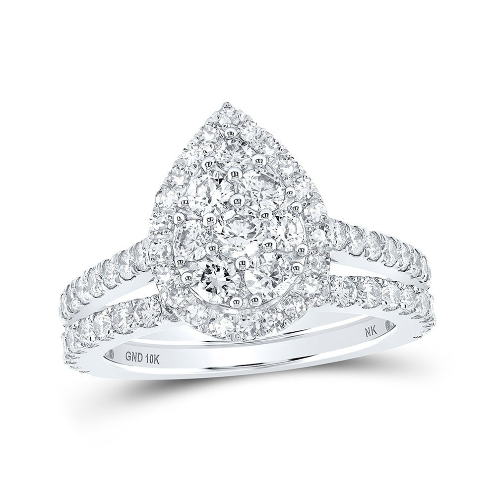 Sparkling Tears: 10kt White Gold Diamond Teardrop Bridal Wedding Ring Band Set - Splendid Jewellery