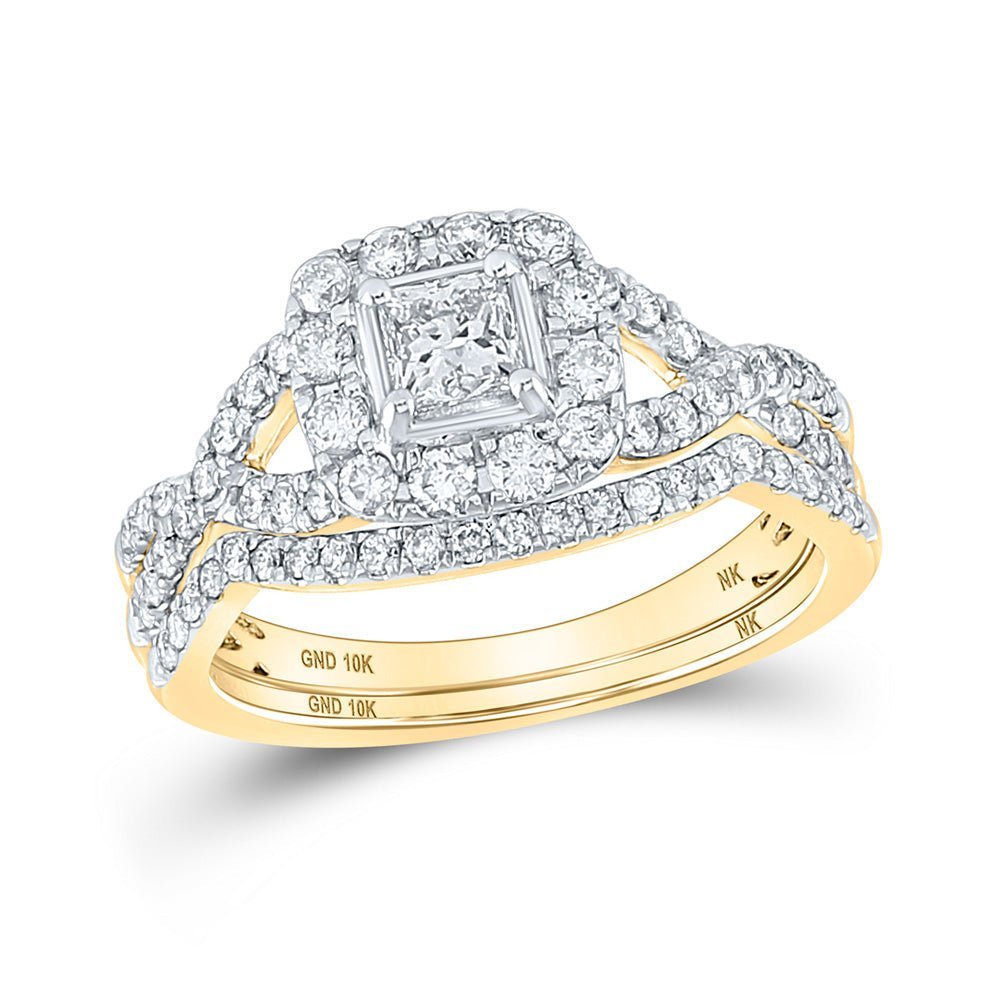 Splendid Jewellery 10kt Yellow Gold Princess Diamond Halo Bridal Wedding Ring Band Set - Splendid Jewellery