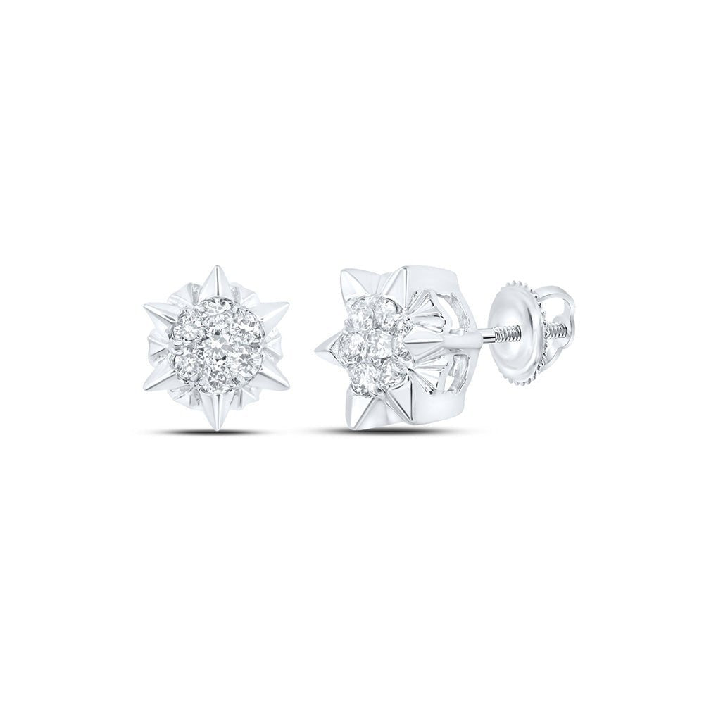 Stellar Brilliance: 10kt White Gold Women's Round Diamond Starburst Cluster Earrings 1/5 Cttw - Splendid Jewellery