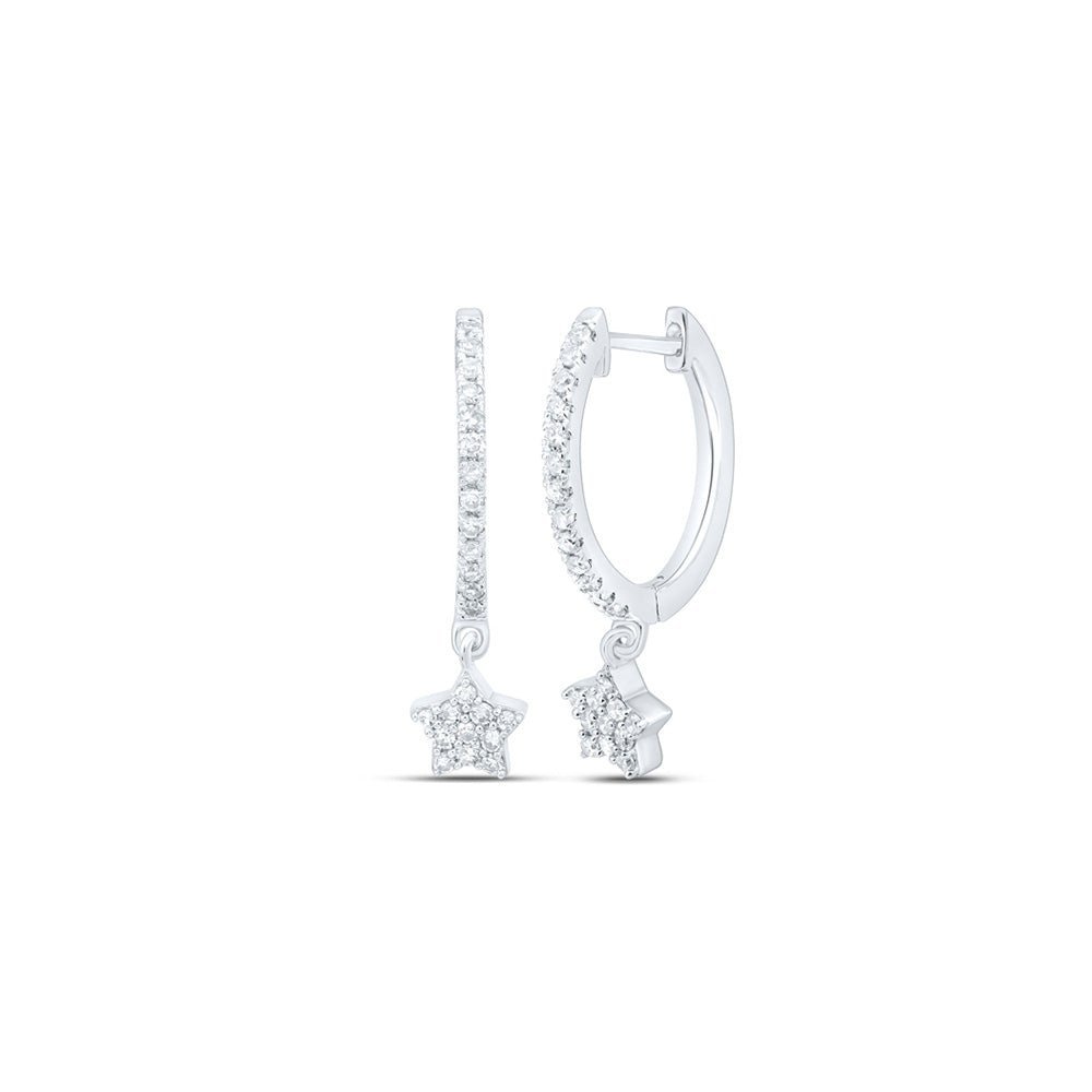 Stellar Sparkle: 10kt White Gold Womens Round Diamond Star Hoop Dangle Earrings 1/5 Cttw - Splendid Jewellery
