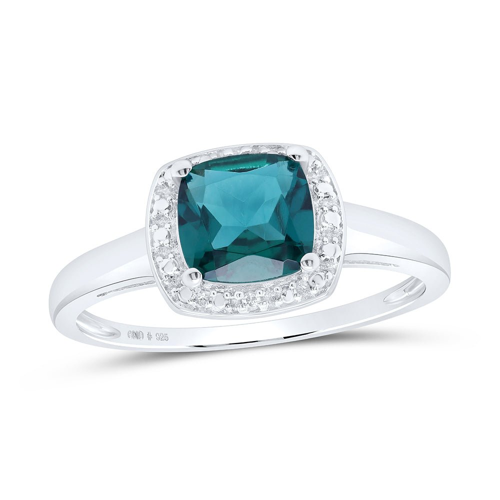 Sterling Silver Cushion Synthetic Emerald Solitaire Ring 1 0.01 Cttw - Splendid Jewellery