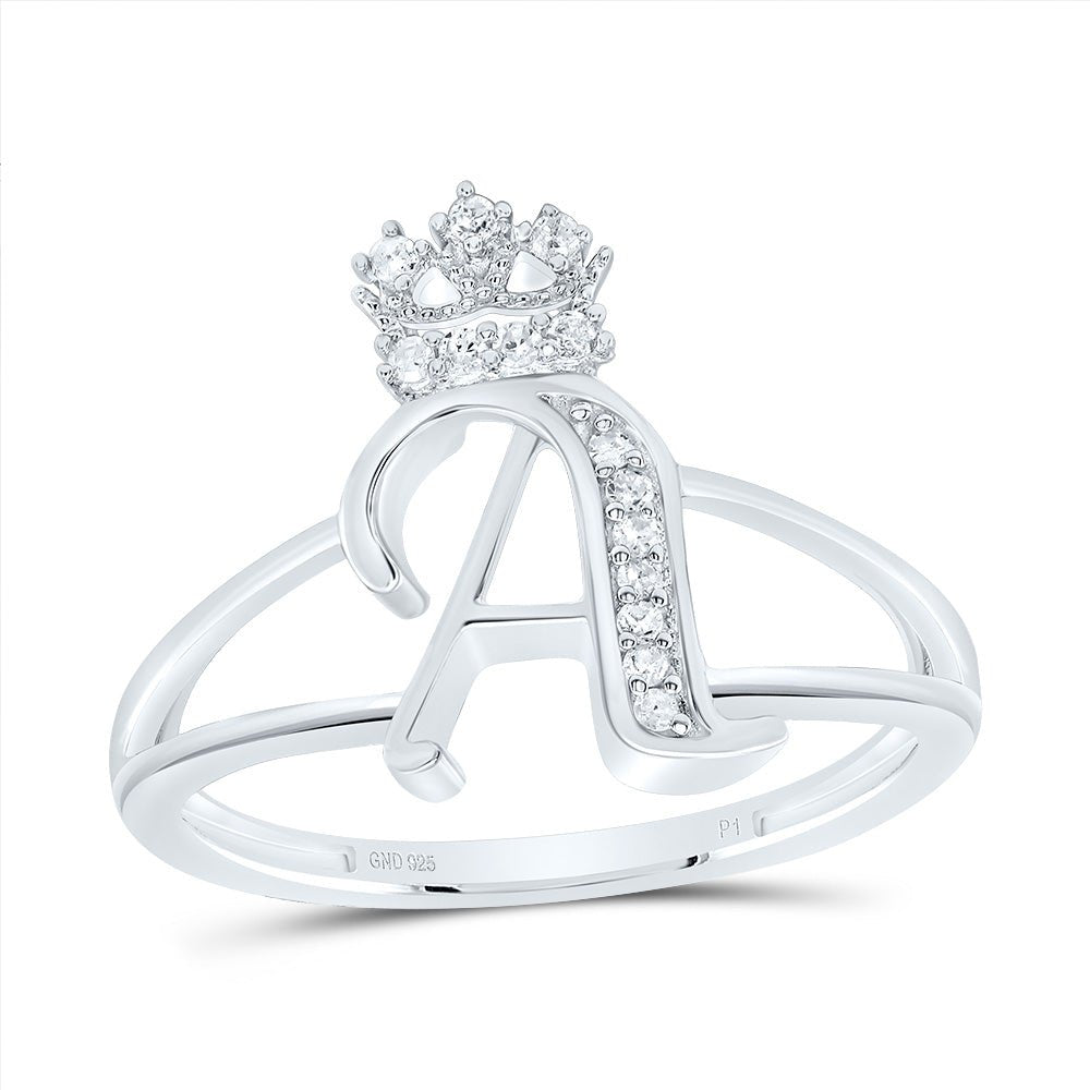 Sterling Silver Diamond Initial "A" Crown Women's Ring 1/12 Cttw - Splendid Jewellery