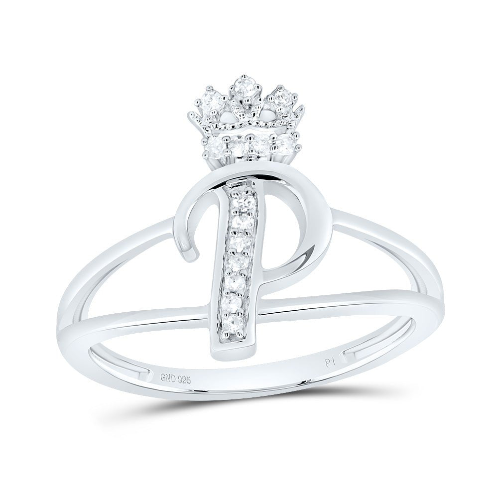 Sterling Silver Diamond Initial "P" Crown Women's Ring 1/12 Cttw - Splendid Jewellery