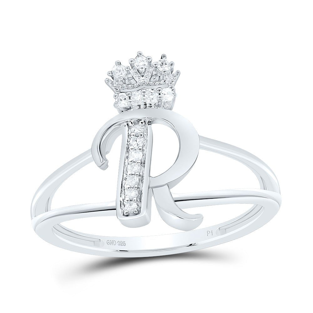 Sterling Silver Diamond Initial "R" Crown Women's Ring 1/12 Cttw - Splendid Jewellery
