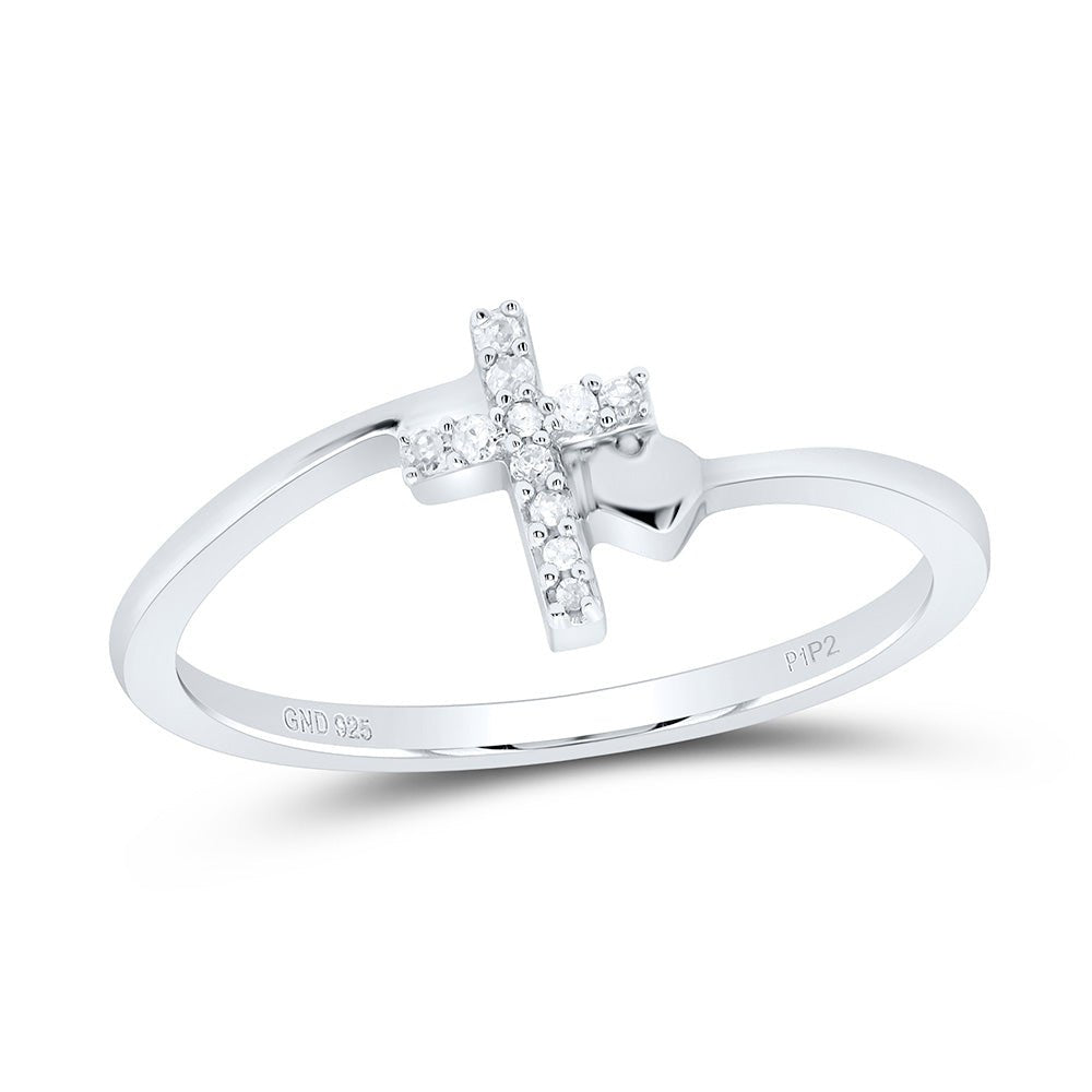 Sterling Silver Round Diamond Delicate Slender Cross Religious Ring 1/20 Cttw - Splendid Jewellery