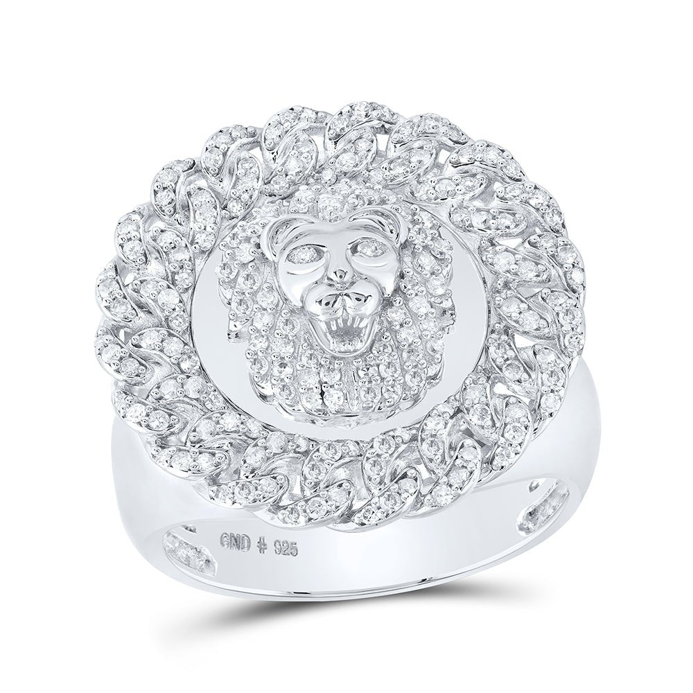 Sterling Silver Round Diamond Lion Face In Cubain Circle Mens Ring 3/4 Cttw - Splendid Jewellery
