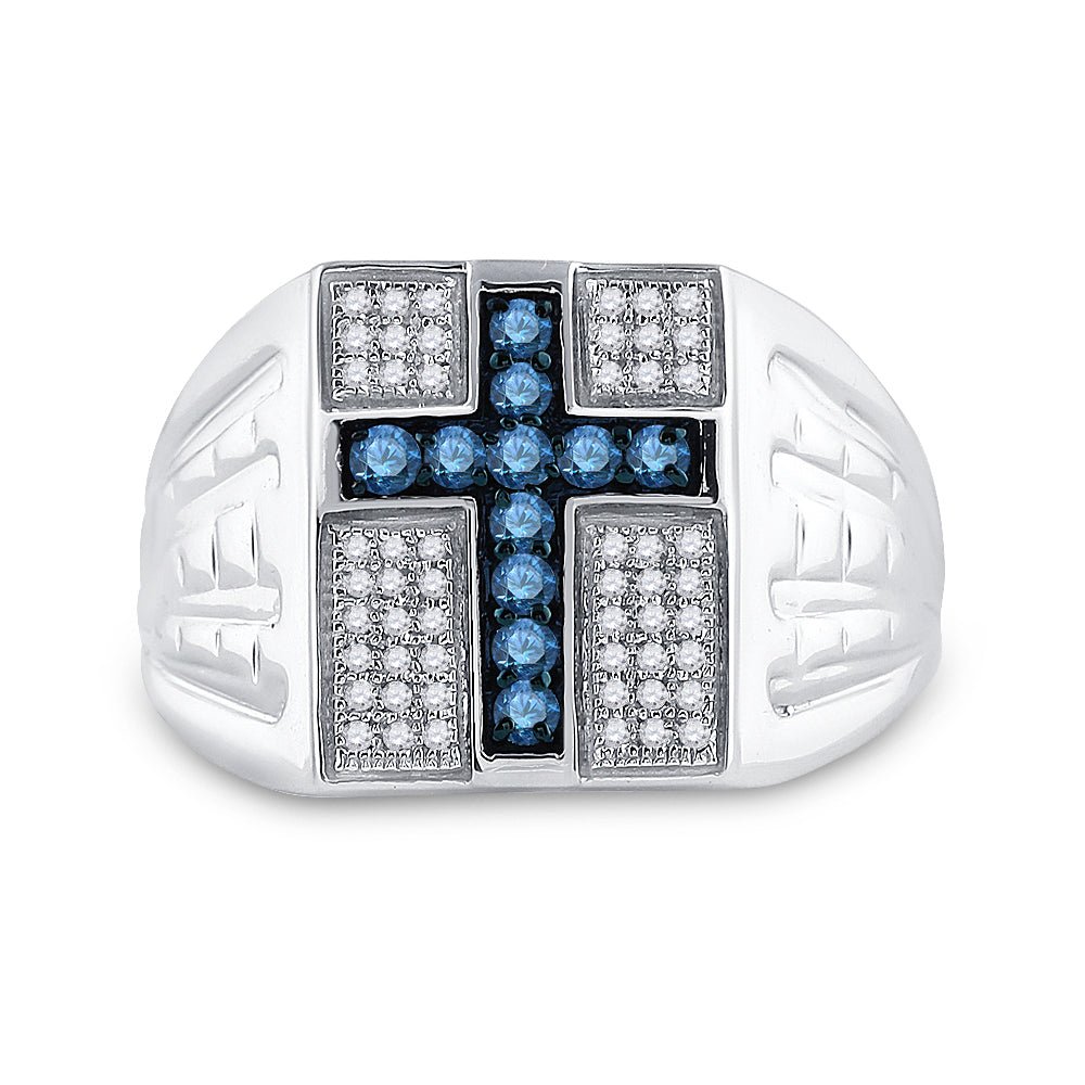 Sterling Silver Round Mens Blue Color Enhanced Cross Religious Ring 1/2 Cttw - Splendid Jewellery
