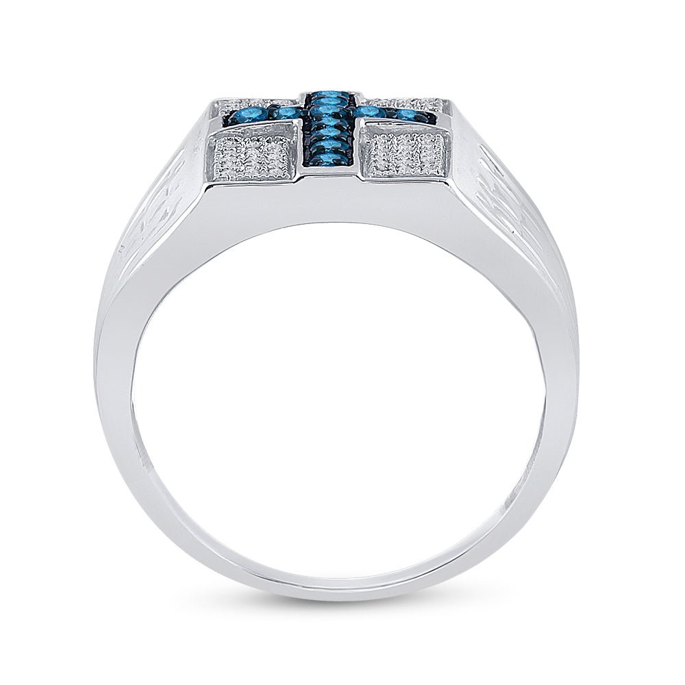 Sterling Silver Round Mens Blue Color Enhanced Cross Religious Ring 1/2 Cttw - Splendid Jewellery