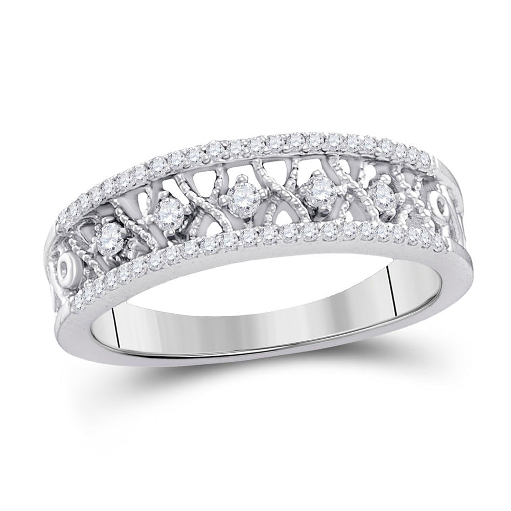 Symmetrical Brilliance: 10kt White Gold Diamond Filigree Band Ring - Splendid Jewellery