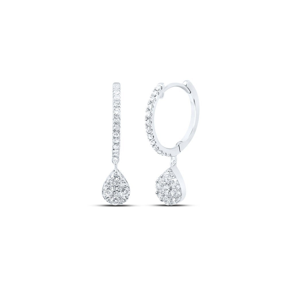 Teardrop Brilliance: 10kt White Gold Womens Round Diamond Hoop Earrings - Splendid Jewellery