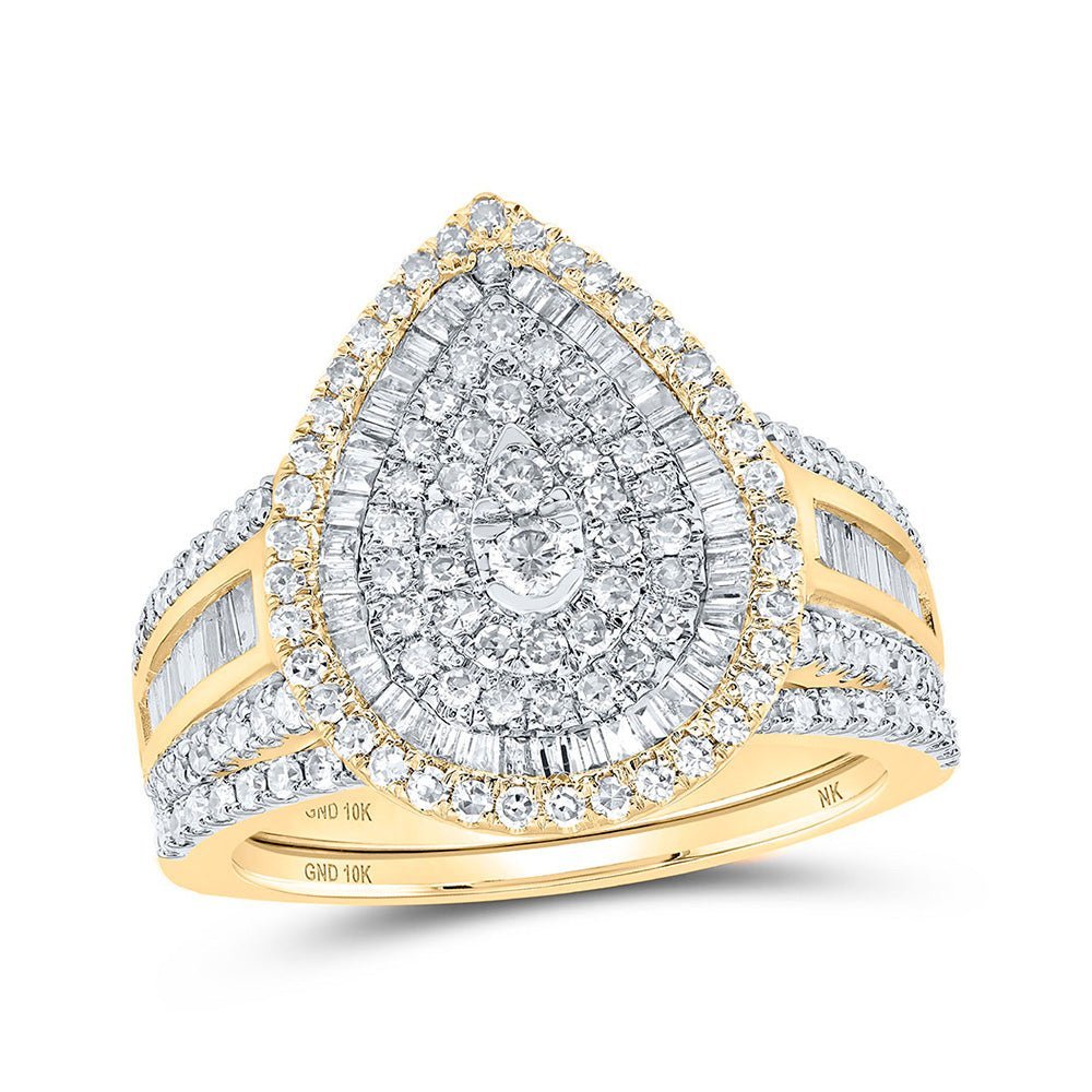 Teardrop Brilliance: 10kt Yellow Gold Round Diamond Bridal Wedding Ring Band Set - Splendid Jewellery