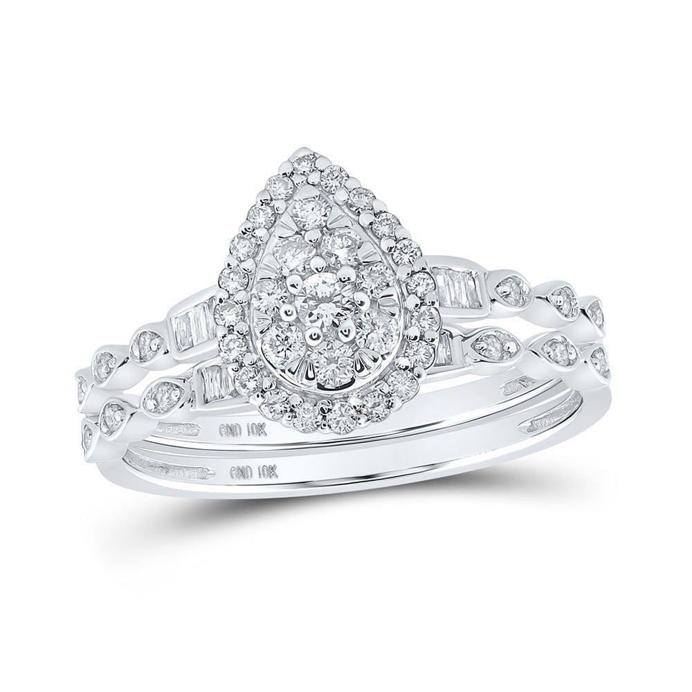 Teardrop Sparkle: 10kt White Gold Round Diamond Bridal Wedding Ring Band Set - Splendid Jewellery