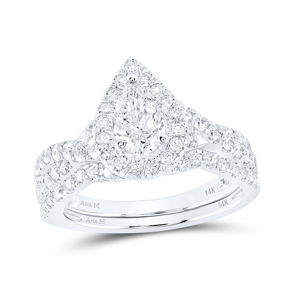 The Majestic Brilliance 14kt White Gold Pear Diamond Halo Bridal Wedding Ring Band Set - Splendid Jewellery