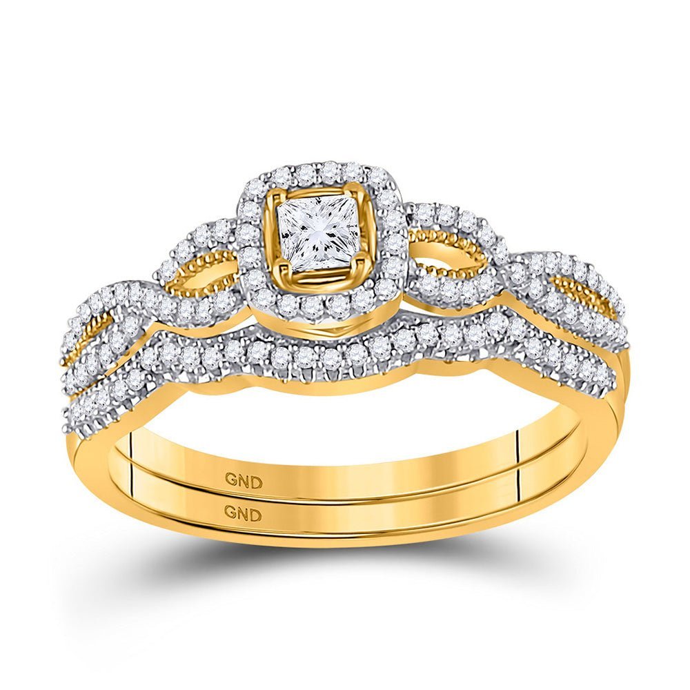 Twisted Brilliance: 10kt Yellow Gold Princess Diamond Wedding Ring Set - Splendid Jewellery