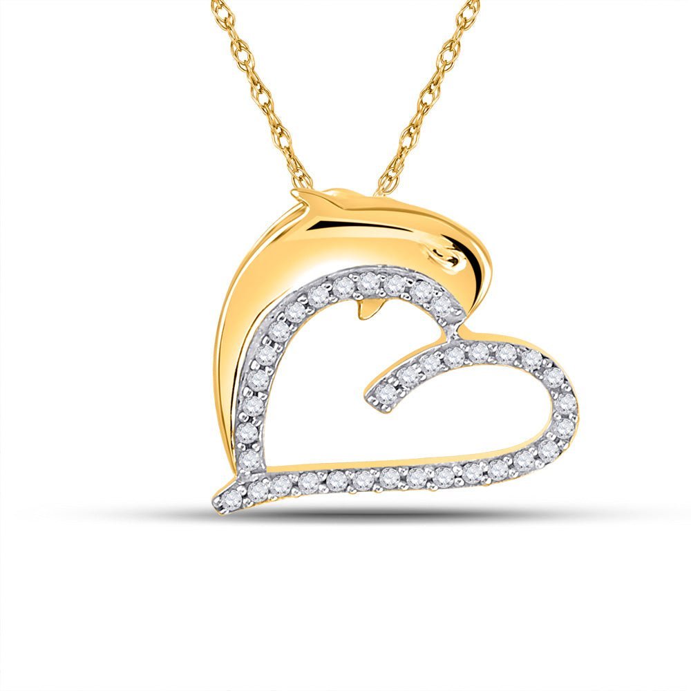 Whimsical Love: 10kt Yellow Gold Diamond Dolphin Heart Pendant - Splendid Jewellery