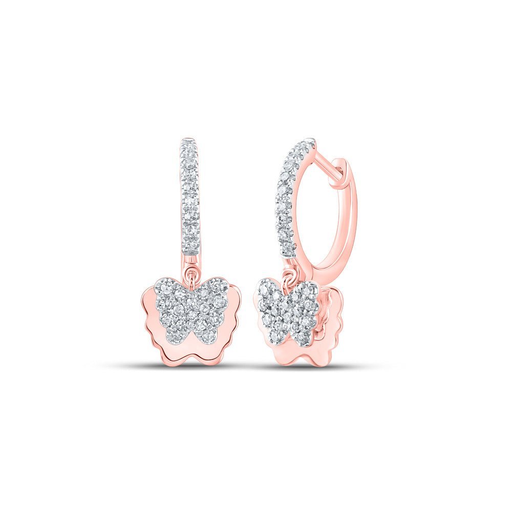 Whimsical Rose Gold Butterfly Diamond Dangle Hoop Earrings - Splendid Jewellery