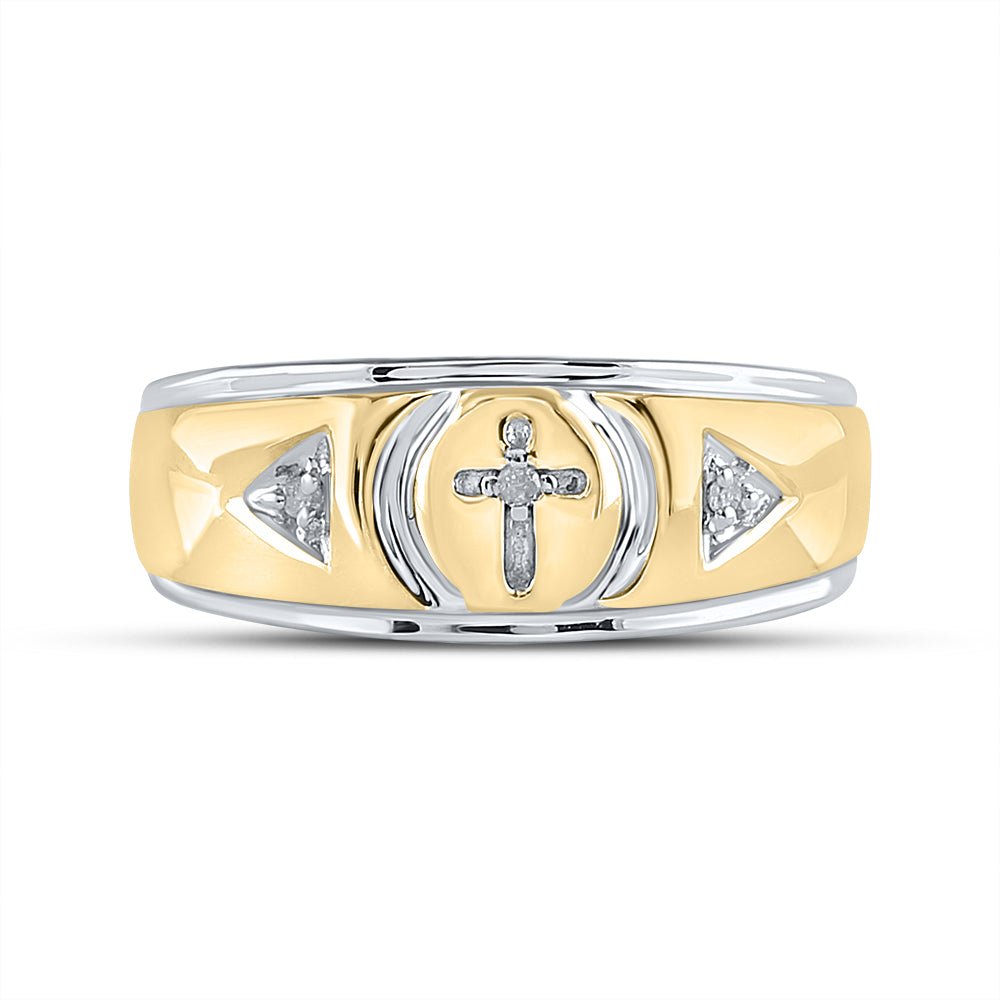 Yellow tone Sterling Round Diamond Men's Cross Wedding Band Ring 1/20 Cttw - Splendid Jewellery