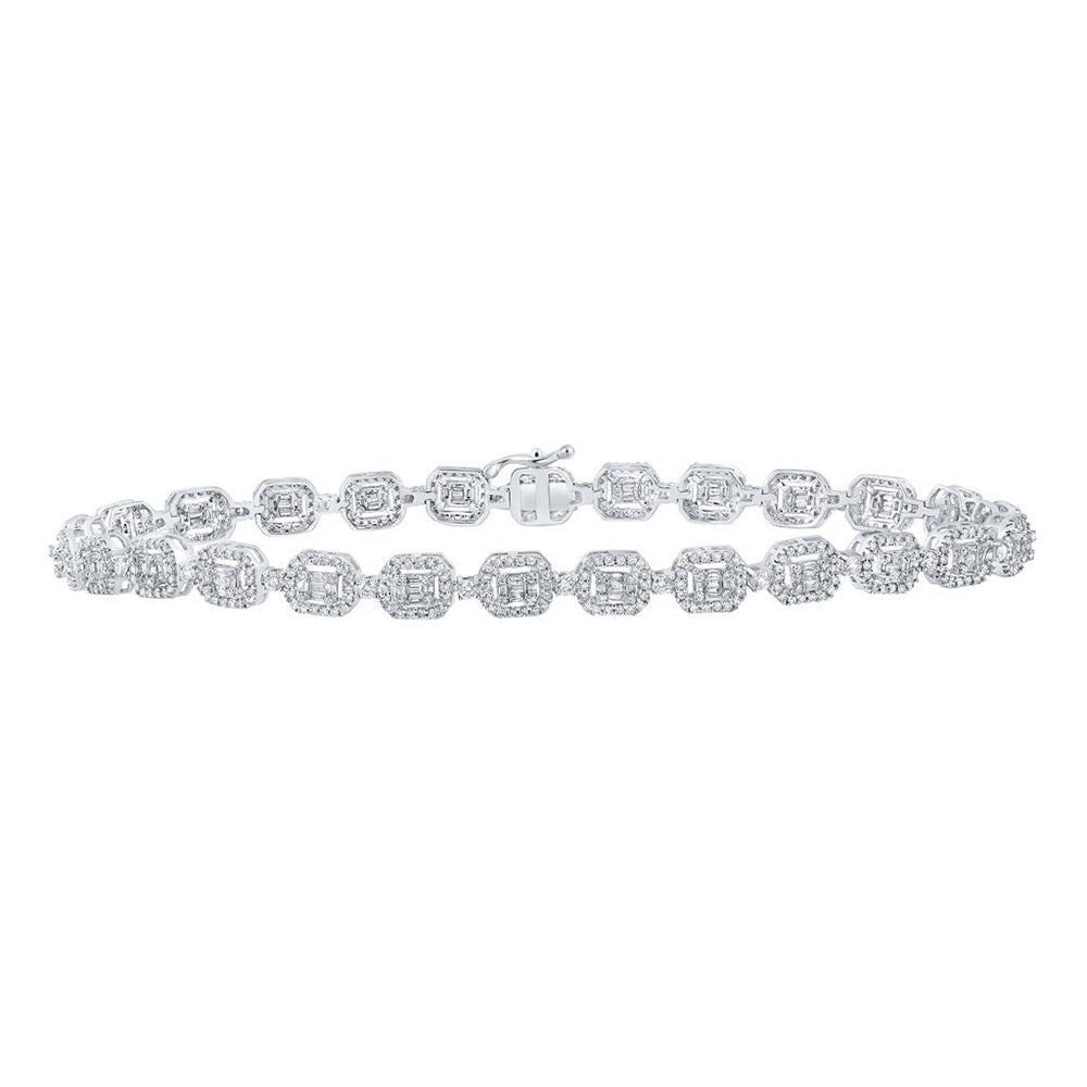 10kt White Gold Geometric Link Bracelet with Baguette and Round Diamonds - 2 - 7/8 Cttw - Splendid Jewellery