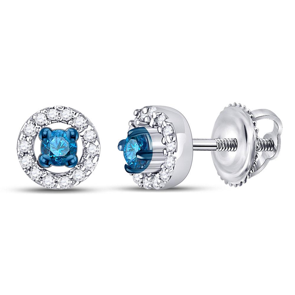 10kt White Gold Womens Round Blue Color Enhanced Diamond Halo Earrings 1/5 Cttw - Mesmerizing Azure Brilliance - Splendid Jewellery