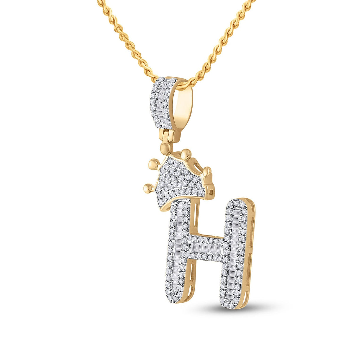 10kt Yellow Gold Men's Baguette Diamond Crown H Letter Charm Pendant - 5/8 Cttw | Splendid Jewellery - Splendid Jewellery