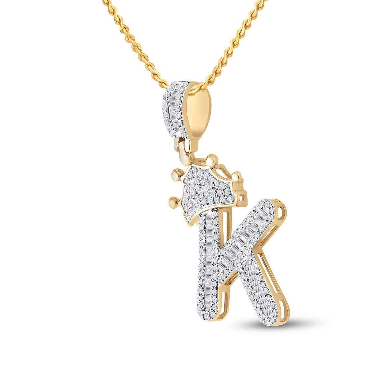 10kt Yellow Gold Men's Baguette Diamond Crown K Letter Charm Pendant 5/8 Cttw - Splendid Jewellery