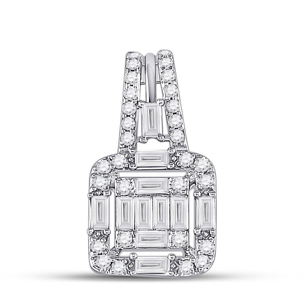 14kt White Gold Baguette and Round Diamond Square Pendant - Splendid Jewellery