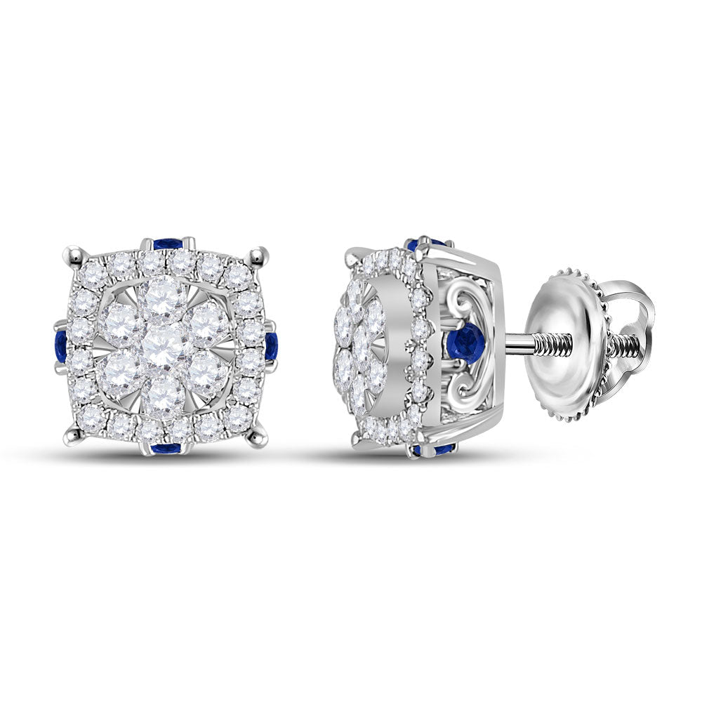 14kt White Gold Diamond and Blue Sapphire Cluster Earrings - Radiant Sparkle and Vibrant Hues - Splendid Jewellery