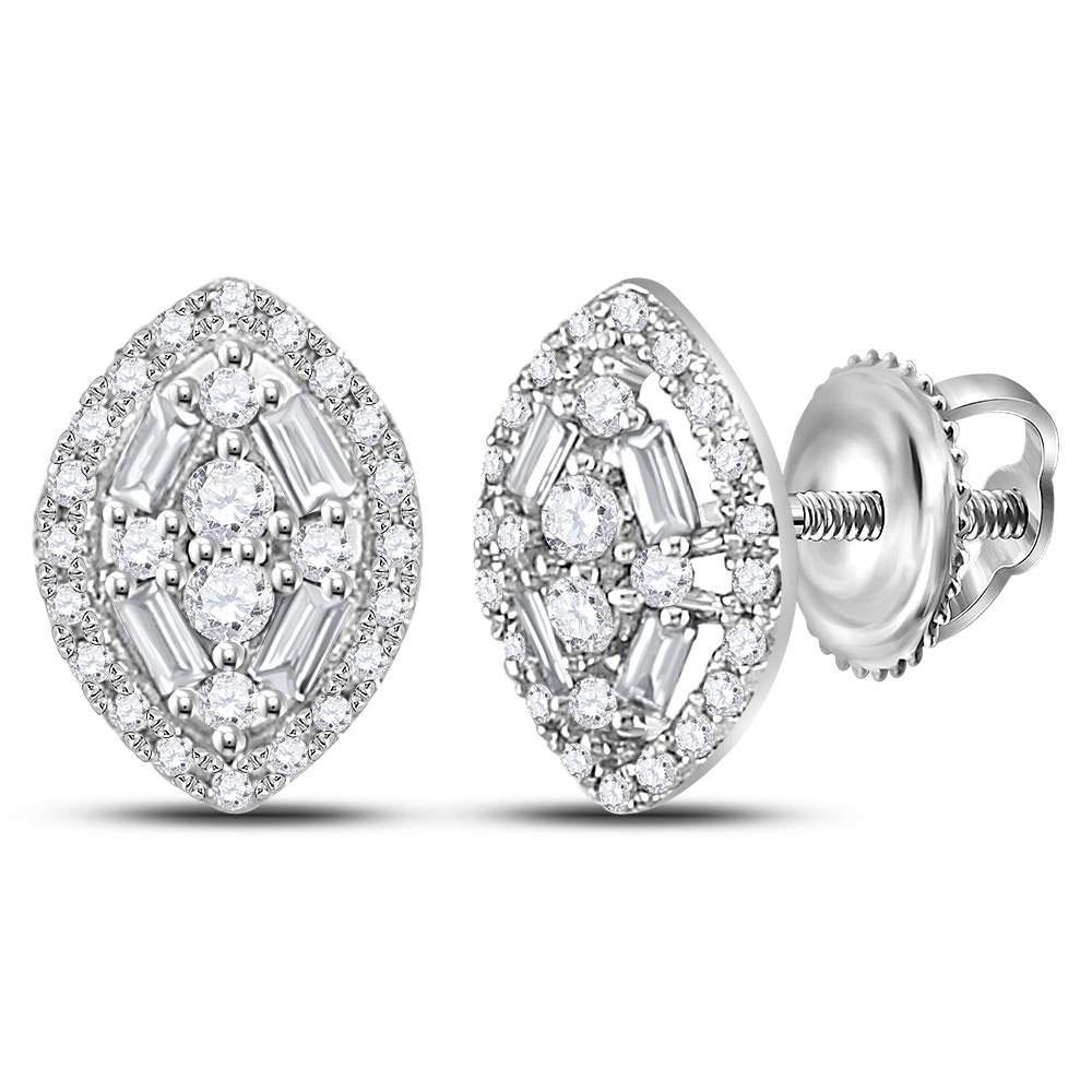 14kt White Gold Diamond Cluster Earrings: A Dazzling Fusion of Round and Baguette Diamonds - Splendid Jewellery