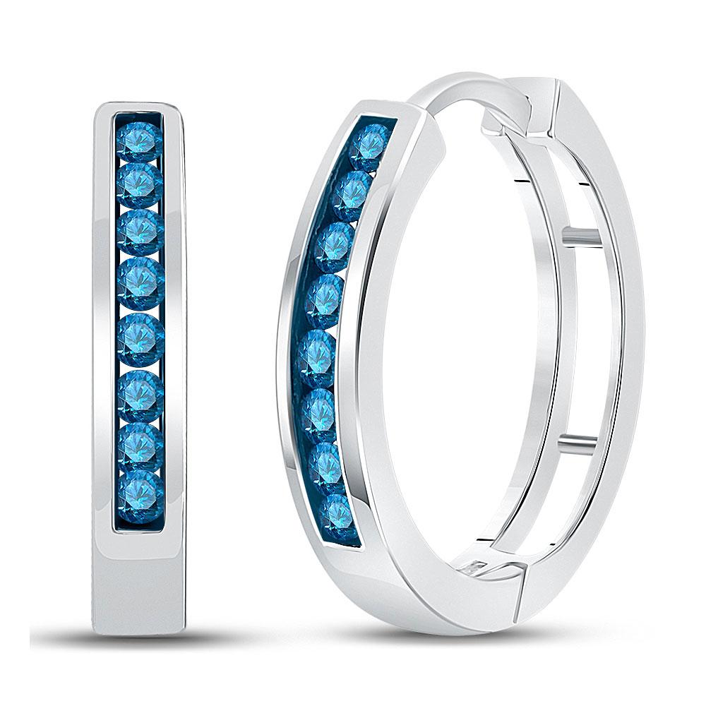 14kt White Gold Womens Round Blue Color Enhanced Diamond Hoop Earrings 1/2 Cttw | Mesmerizing Azure Beauty - Splendid Jewellery