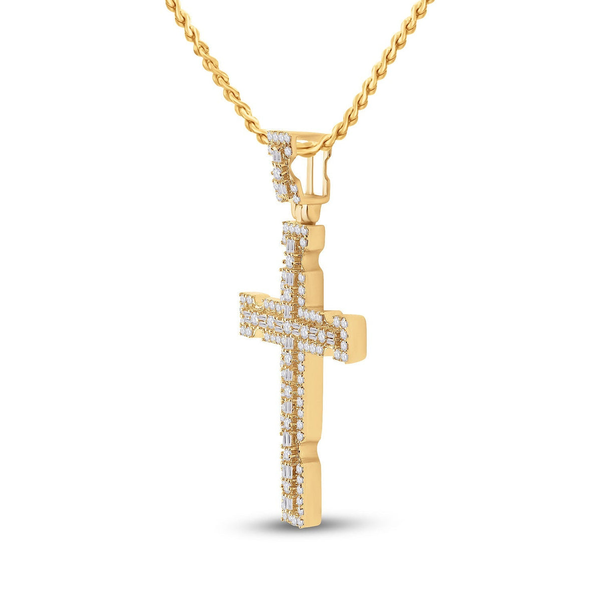 14kt Yellow Gold Baguette and Round Diamond Cross Pendant for Men - 1 - 3/8 Cttw - Splendid Jewellery