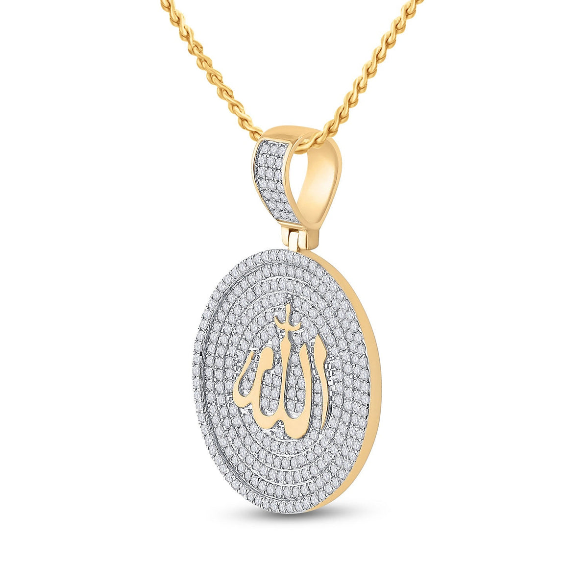 14kt Yellow Gold Men's Round Diamond Allah Islam Circle Charm Pendant - 2 - 3/4 Cttw - Splendid Jewellery