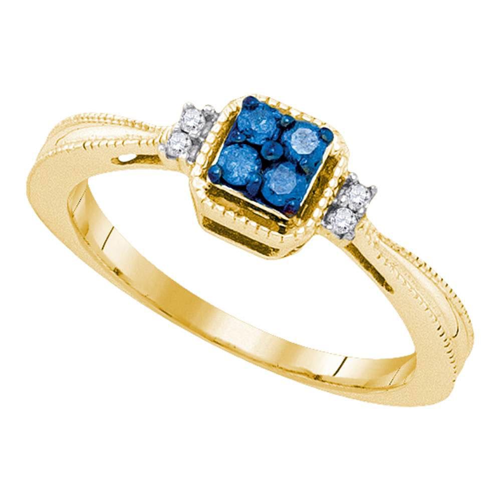Blue Sparkle Diamond Cluster Ring | 10kt Yellow Gold Womens Round Blue Color Enhanced Diamond Simple Cluster Ring 1/6 Cttw - Splendid Jewellery