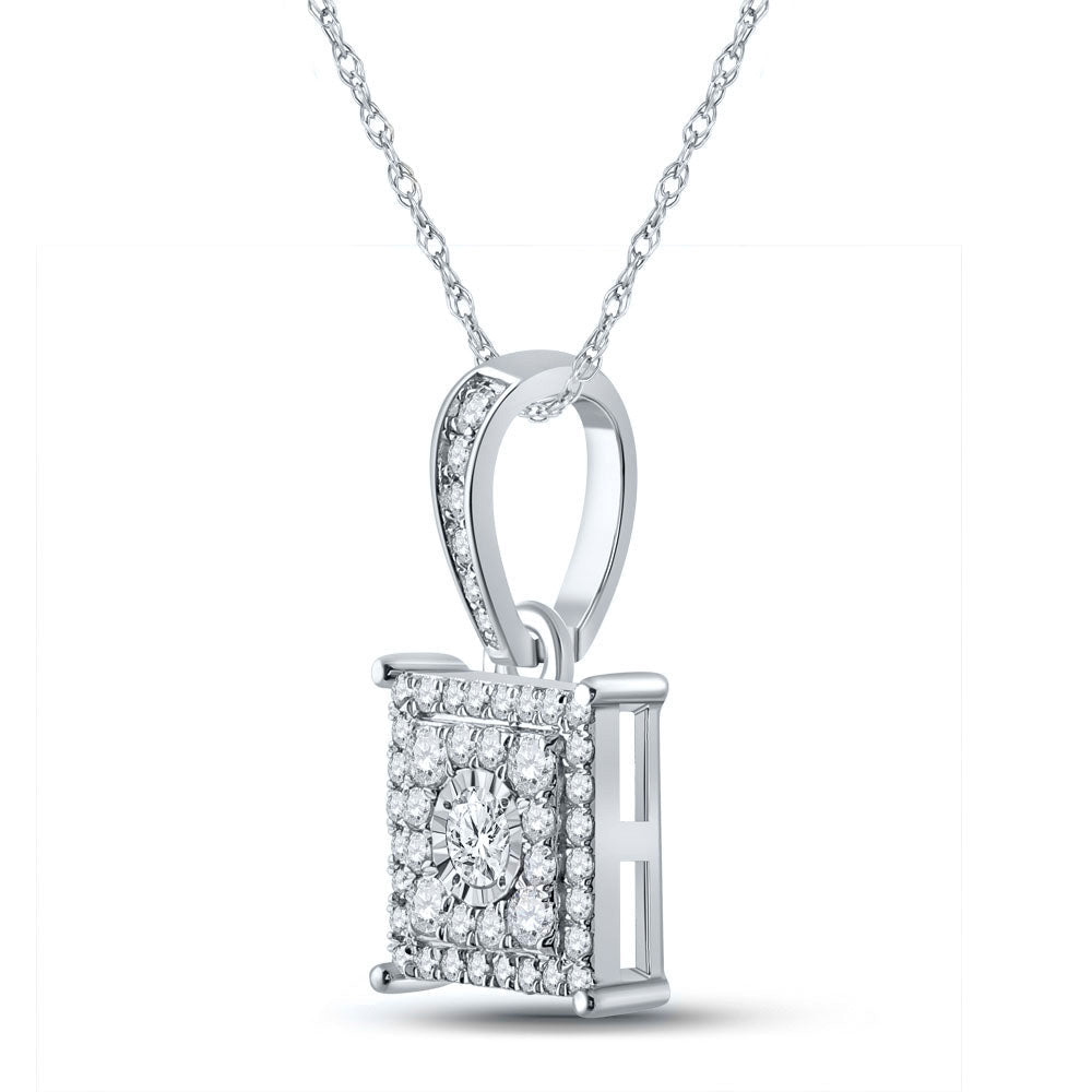 Captivating Brilliance: 10kt White Gold Diamond Cluster Square Pendant 1/4 Cttw - Splendid Jewellery