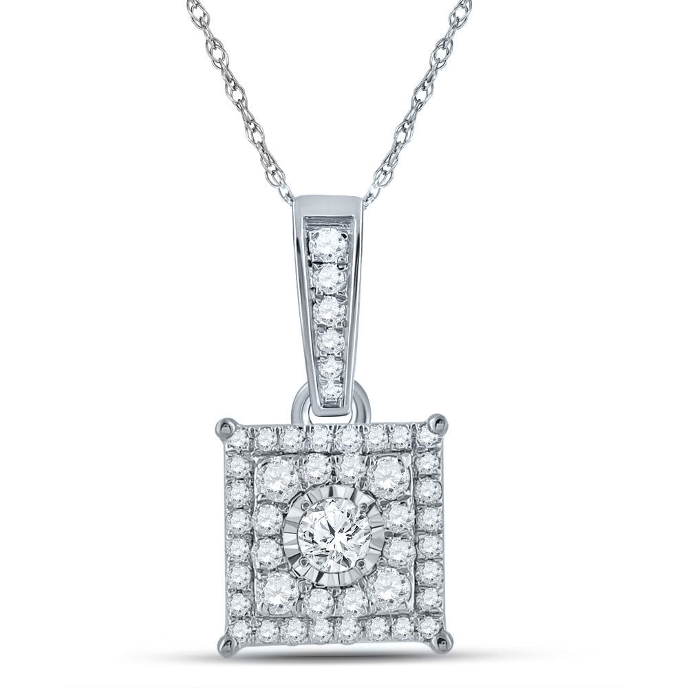 Captivating Brilliance: 10kt White Gold Diamond Cluster Square Pendant 1/4 Cttw - Splendid Jewellery