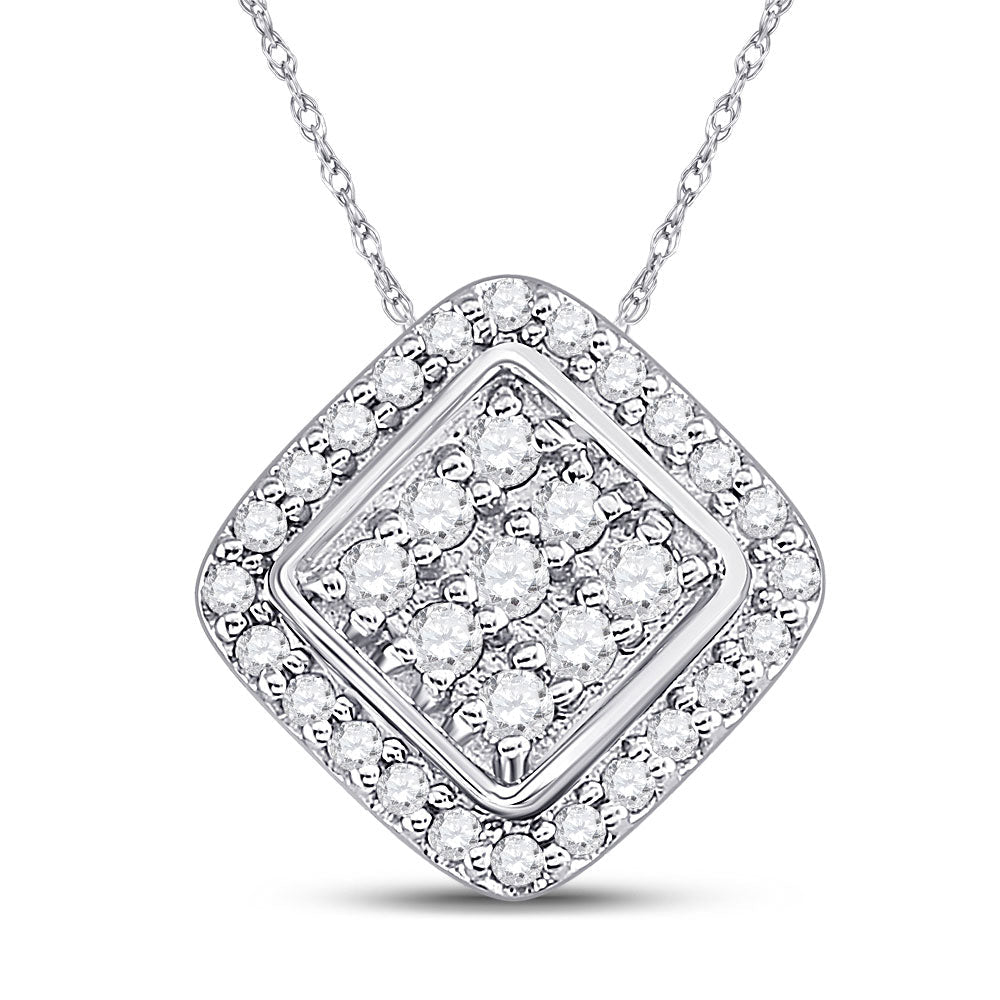 Captivating Brilliance: 10kt White Gold Womens Round Diamond Diagonal Square Frame Pendant - Splendid Jewellery