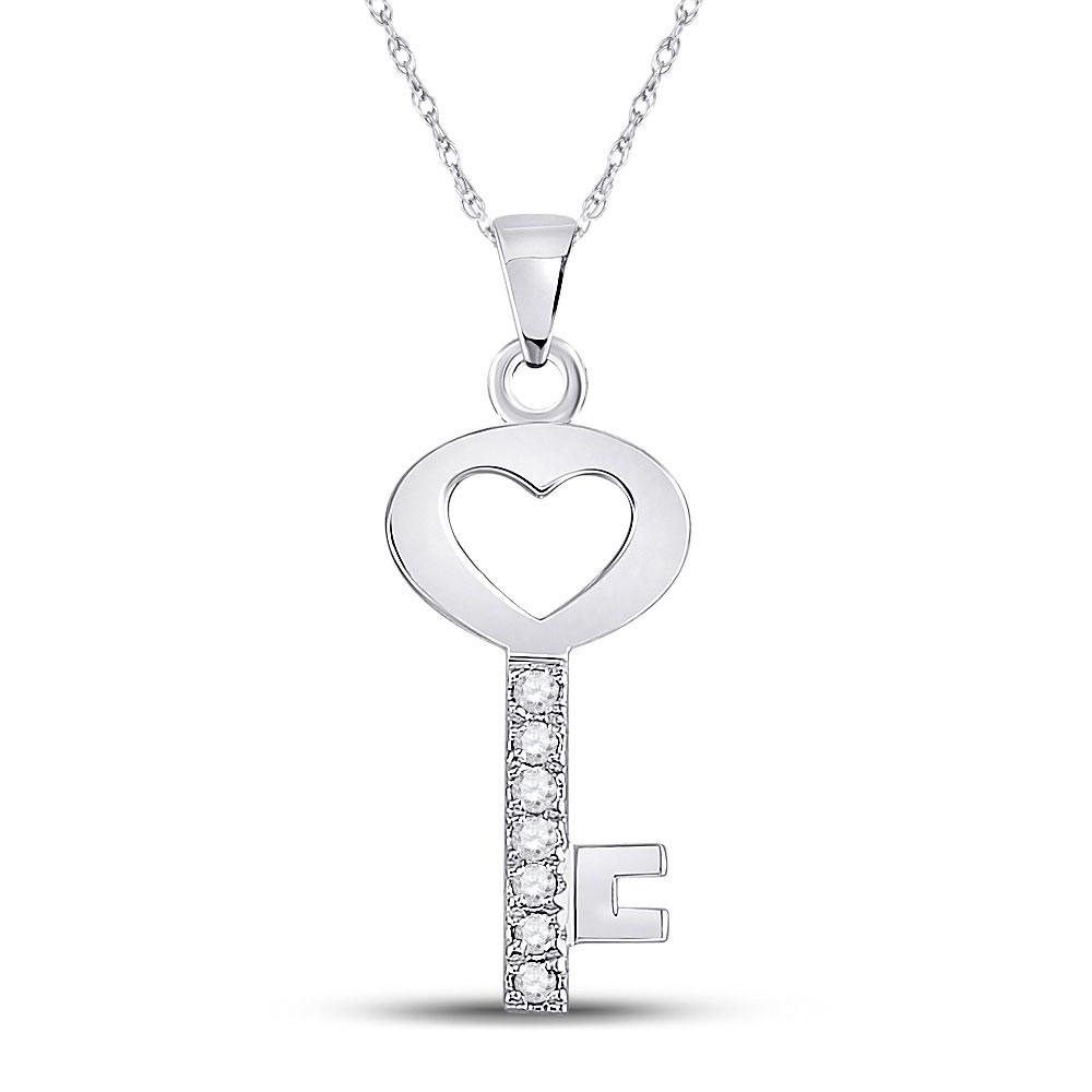 Captivating Love's Key Pendant | 10kt White Gold Womens Round Diamond Key Heart Pendant 1/20 Cttw - Splendid Jewellery