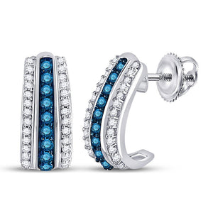 Earrings | 10kt White Gold Womens Round Blue Color Enhanced Diamond Half J Hoop Earrings 1/3 Cttw | Splendid Jewellery GND