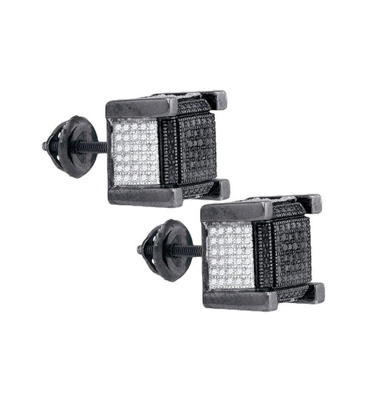 Sterling Silver Men's Black Diamond 3D Cube Stud Earrings - Striking Onyx Brilliance Top View from Splendid Jewellery