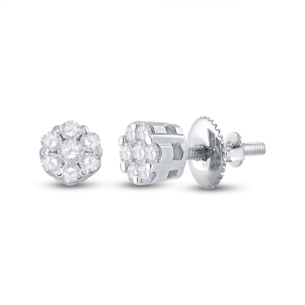 Radiant Blooms: 10kt White Gold Womens Round Diamond Flower Cluster Earrings 1/10 Cttw - Splendid Jewellery