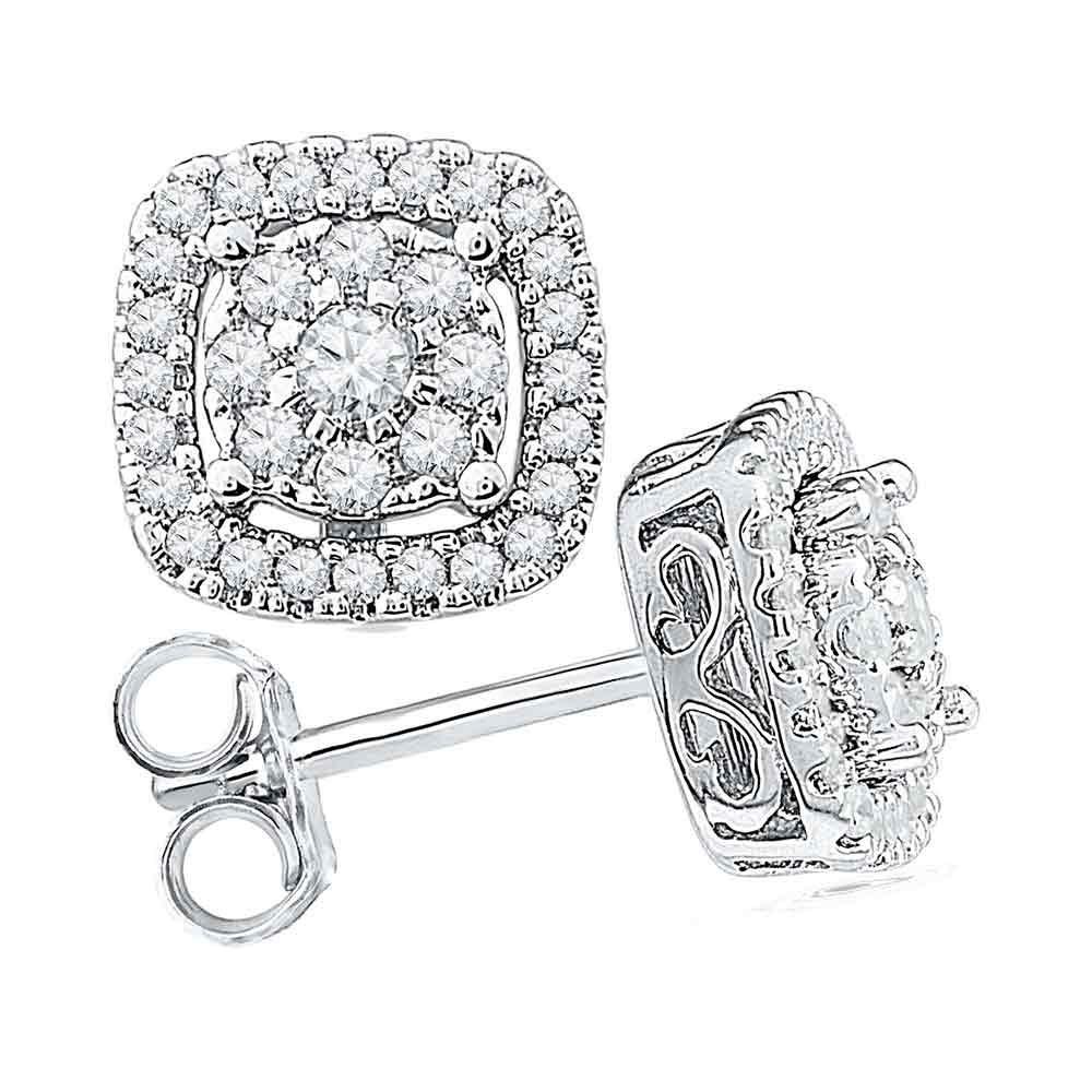 Radiant Brilliance: 10kt White Gold Womens Round Diamond Framed Square Cluster Earrings 1/2 Cttw - Splendid Jewellery