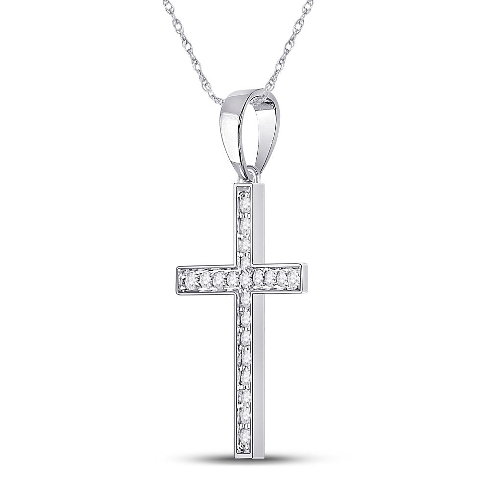 Radiant Diamond Cross Pendant | 10kt White Gold Womens Round Diamond Cross Pendant 1/20 Cttw - Splendid Jewellery