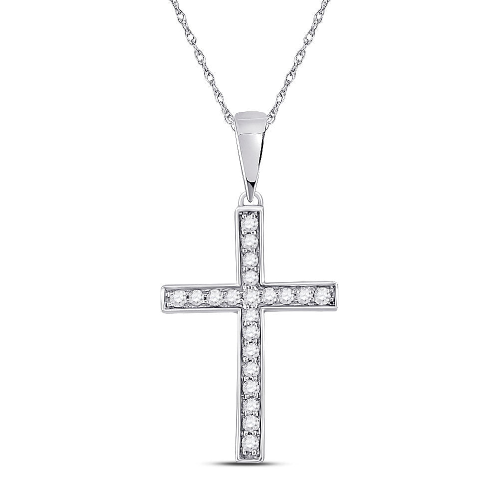 Radiant Diamond Cross Pendant | 10kt White Gold Womens Round Diamond Cross Pendant 1/20 Cttw - Splendid Jewellery