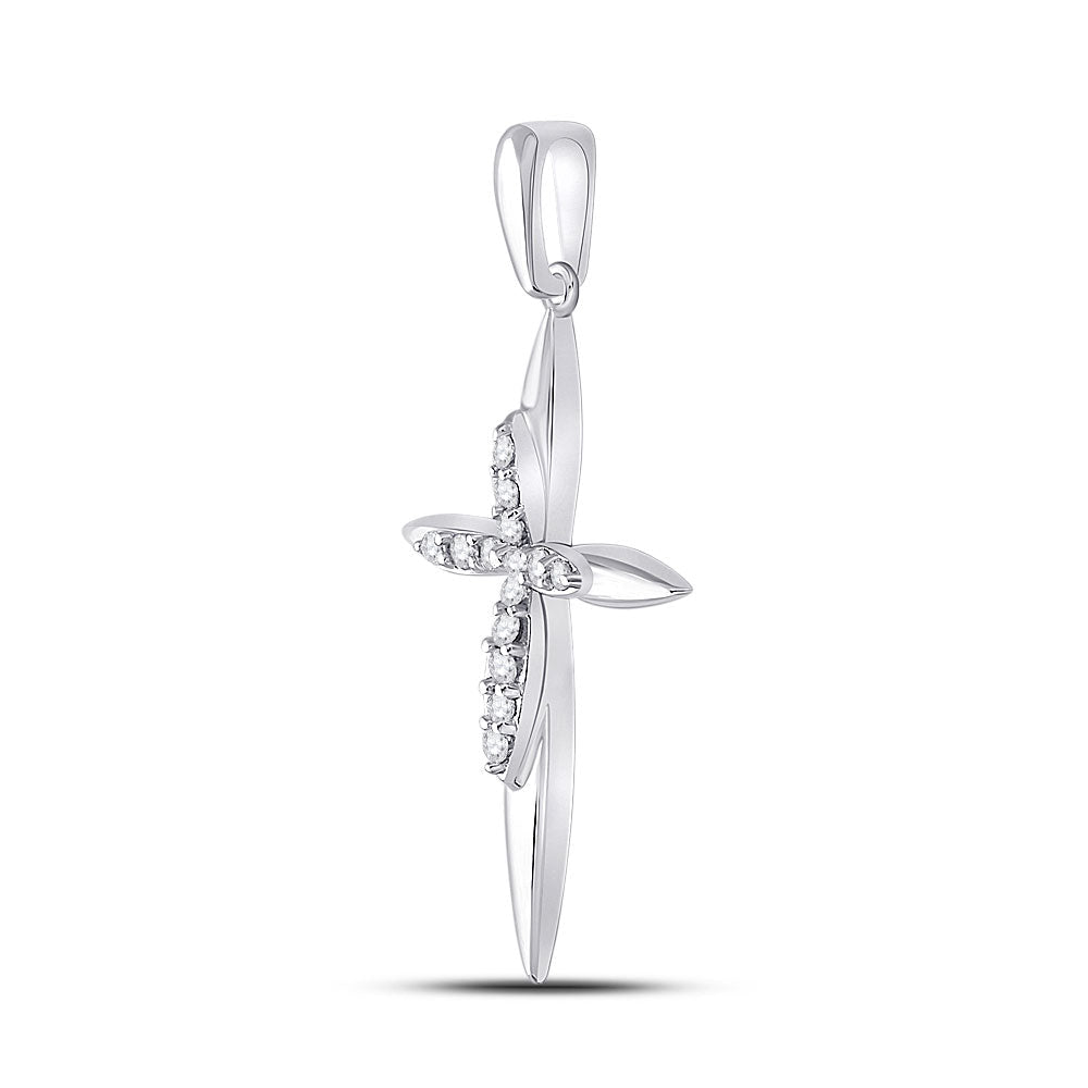 Radiant Grace: 10kt White Gold Womens Round Diamond Cross Pendant 1/8 Cttw - Splendid Jewellery
