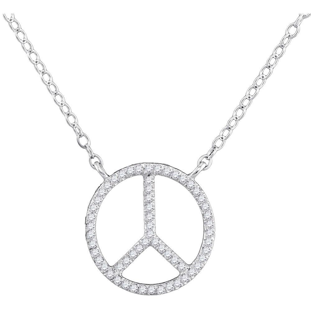 Radiant Harmony: 10kt White Gold Womens Round Diamond Peace Sign Circle Pendant Necklace - Splendid Jewellery
