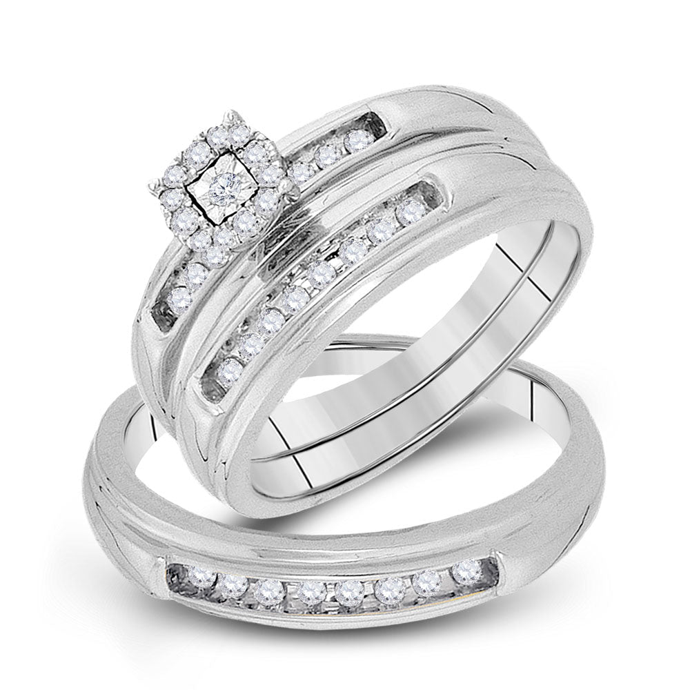 Radiant Love: 10kt White Gold His Hers Round Diamond Cluster Matching Wedding Set 1/3 Cttw - Splendid Jewellery